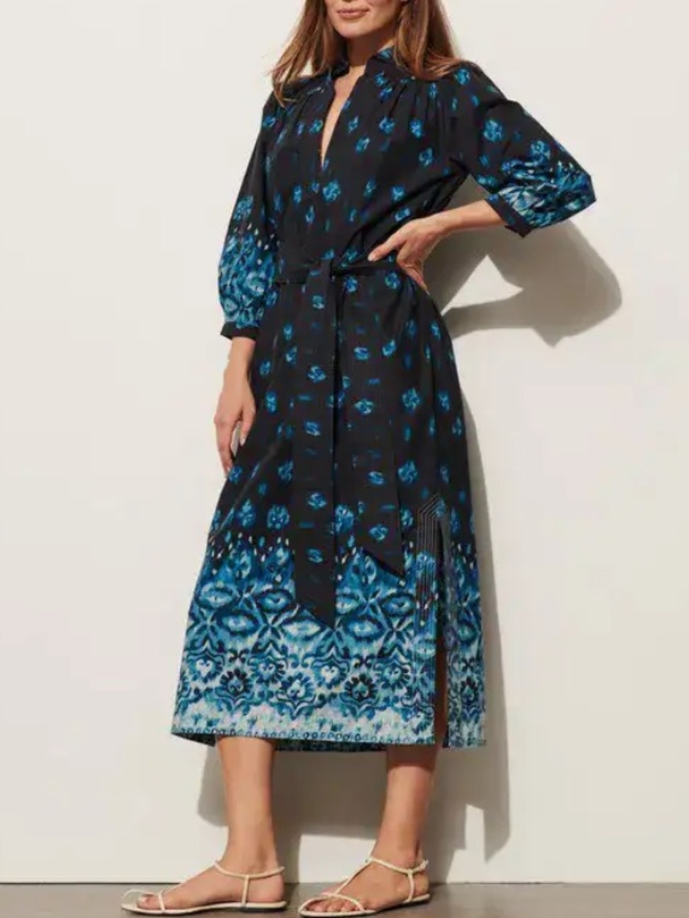 Figue Danilia Dress Cotton Poplin Gradient Blue Ikat Tie Waist Belt Sz M Medium